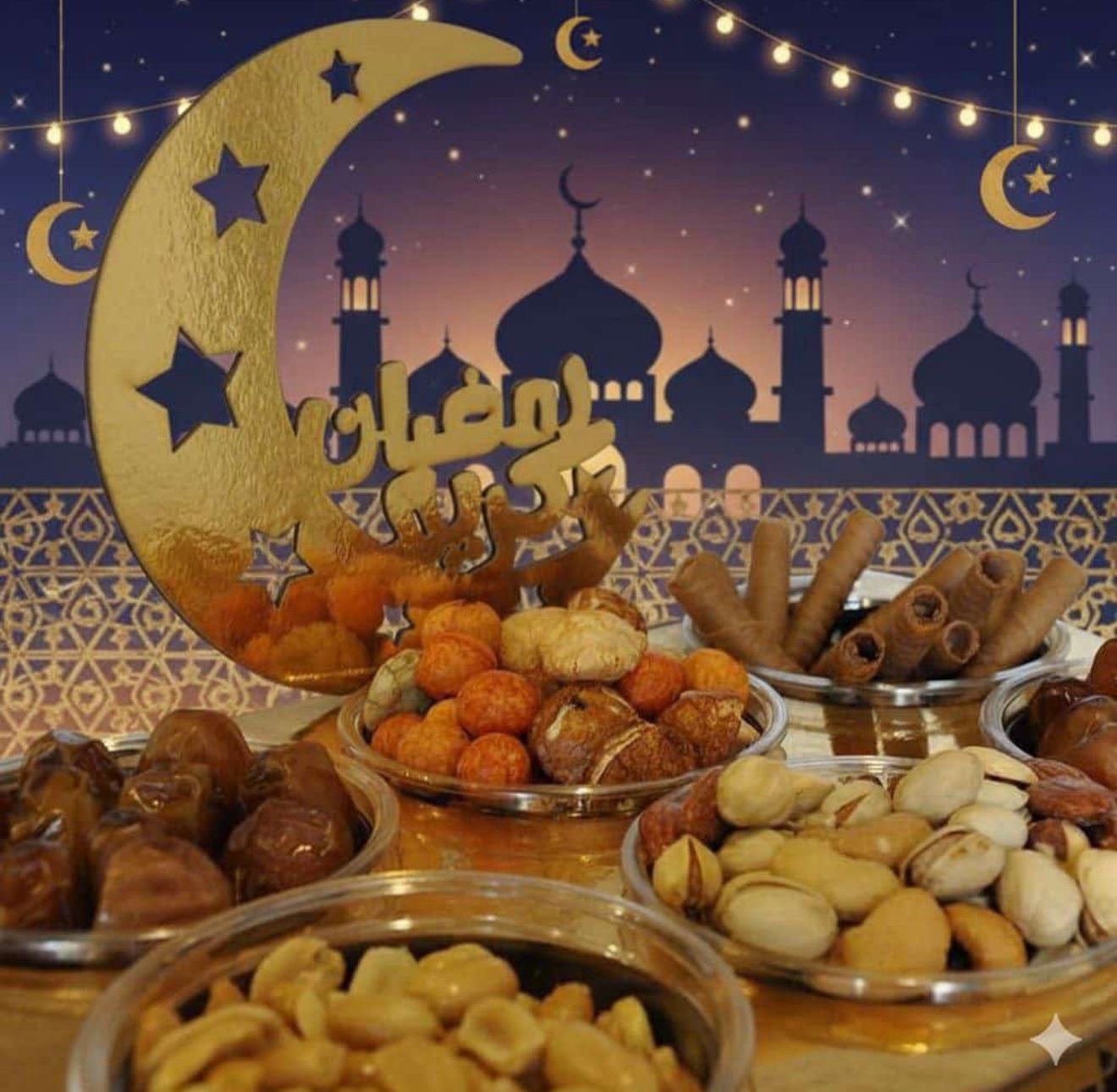 مضيفة رمضان خشبية بلون الذهبي مع 6 علب